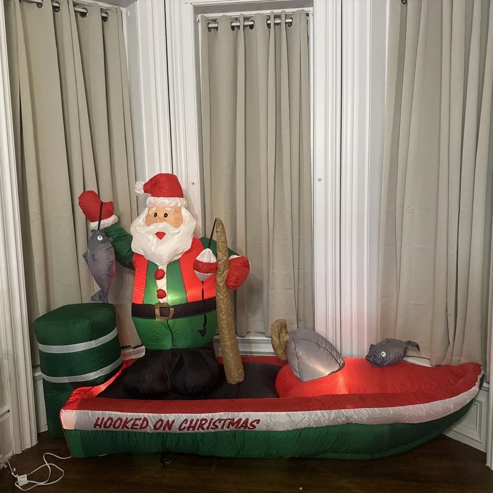 INFLATABLE‎ Christmas SANTA Claus FISHERMAN BOAT HOOKED ON CHRISTMAS LIGHTED 8ft